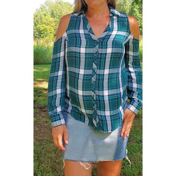 New York & Company soho jeans cold shoulder button up shirt teal plaid medium - Picture 2 of 4